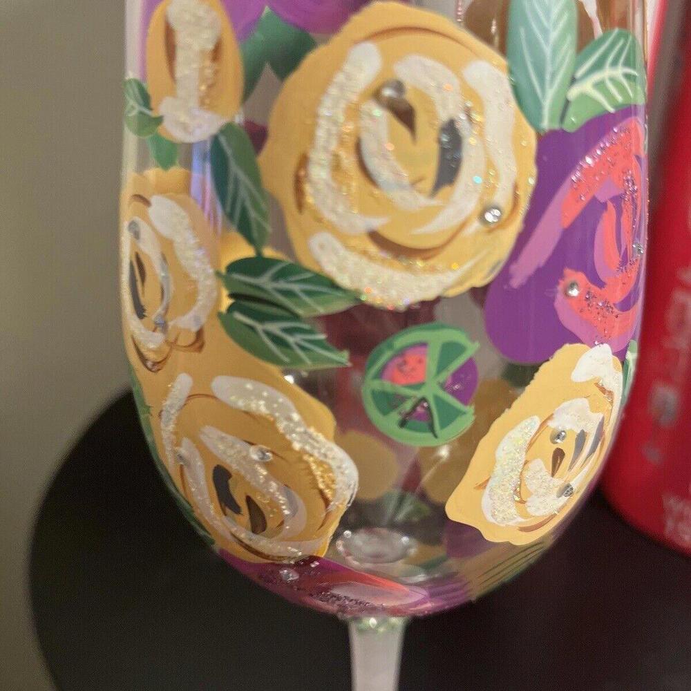 LOLITA Hand Painted Wine Glass  Purple And Yellow “Coming‎ Up Roses” - Picture 5 of 9